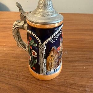 Decorative German-Style Ceramic Beer Stein with Pewter Lid - Navy & Tan